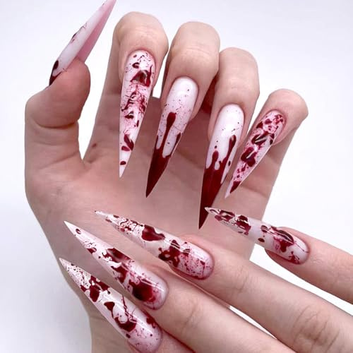 DeryArcle 24 Stück Nägel zum Aufkleben Lang Halloween Tip Glitzer Weiß Rosa Künstliche Nägel Natural Kunstnägel Press on Nails Fingernägel Fake Nails für Frauen Mädchen