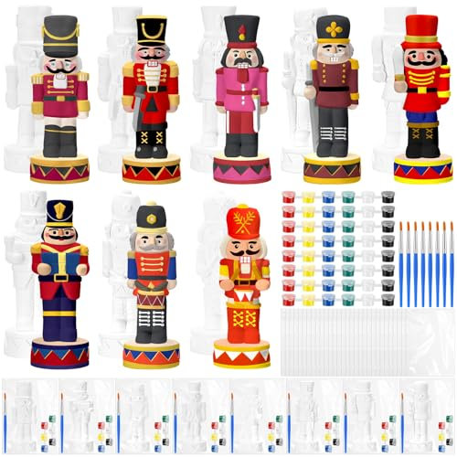 VercanMonth 8 Pcs Christmas Nutcracker Ceramics to Paint Ready to Paint Your Own Ceramic Nutcracker Statues DIY Unpainted Ceramics Paintable Nutcracker Figurines Kit Crafts with Brush Palette Paint