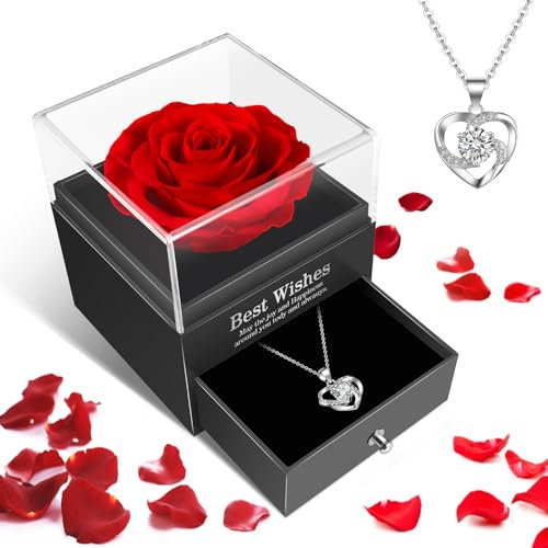 ELEUTH Ewige Echte Rose Geschenke für Frauen, Konservierte Blume Infinity Rose mit Herz Halskette, Rosen Geschenke Für Mama, Rosenbox für Muttertag Valentinstag Hochzeitstag Weihnachten
