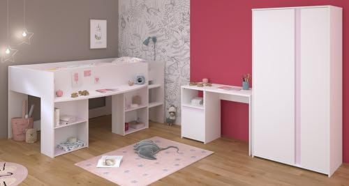 möbelando Jugendzimmer-Set >Pirouette 13< 3-teilig, in Weiss/Rose/Kieselgrau, bestehend aus Hochbett 205 x 104 x 132 cm, 2-türigem Kleiderschrank 90 x 182 x 51 cm und Schreibtisch 110 x 75 x 50 cm
