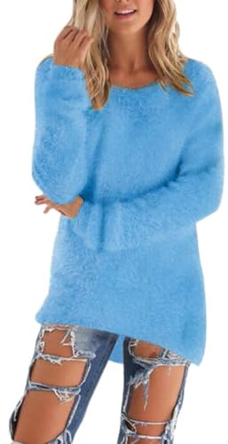 Plüschpullover Damen, Plüsch Pullover Damen Teddy-Fleece Lang Flauschig Pulli - Winter Warm Plüschpullover Einfarbig Rundhals Langarm Winterpullover Weich Casual Sweatshirt Thermo Shirt