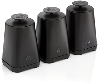 Swan Stealth Set of 3 Storage Canisters for Coffee/Sugar/Tea, Airtight Lids, 1.3L, Black