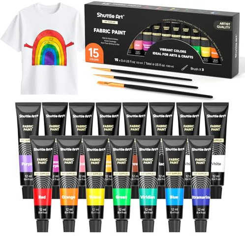 Shuttle Art Fabric Paint Permanent for Clothes, 15 x 12ml Colours Fabric Paints Set with Brushes, Palette, Stencils, Non-Toxic Waterproof Textile Paints for T-Shirt, Shoes, Bag, Jeans