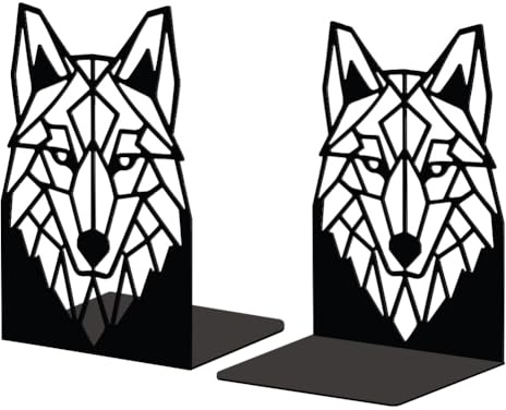 Peacoblue Buchstützen Metall,Geometrischer Wolf Buchstütze Dekorativ | 1 Paar 5.3x4.3x7.5 schwere Gusseisen Buchhalter, Stabile Buchstopper für Bücherregal, Schreibtisch, Büro und Wohnraum