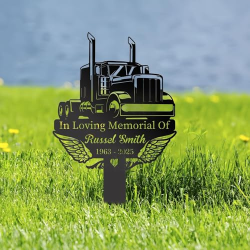 Semi Truck Driver Memorial Stake, Angel Wings Grave Marker, Custom Outdoor Metal Cemetery Sign (Semi Truck Memorial)