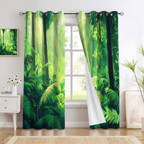GDJSMIN Dense Jungle Curtains,Emerald Green,Ferns Palm Trees, Window Treatments 2 Panel For Living Room Bedroom,W 52 X L 84, Thermal Blackout Eyelet Drapes Decorative