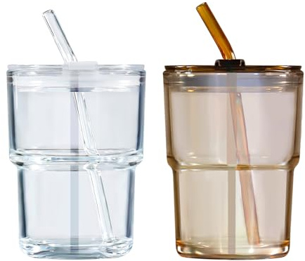 Puraville 2 Pack 400ml 12 oz Coffee Cup 2pcs Glass Cups with Lids and Straws Coffee Mug Set with Insulated Sleeve Glass Tumbler Drinking Jar, Clear and Amber