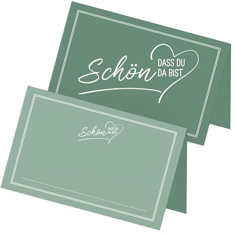 itenga 48x Tischkarten „Schön, DASS du da bist“ V2 – Platzkarten Namensschilder – 9 x 5 cm – ideal für Hochzeit, Taufe, Geburtstag, Feier – 13 Farben verfügbar (Salbei grün)