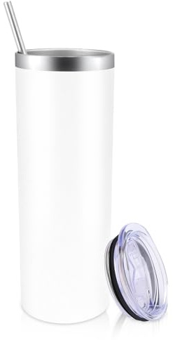 Volhoply 600ml (20oz) Skinny Tumbler with Lid and Straw, Stainless Steel Straight Tumblers Cup, Vacuum Insulated Coffee Mug for Home, Office, Travel, DIY (White,1 Pack)