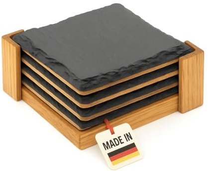 Handgemachte Untersetzer für Gläser | Design Getränkeuntersetzer mit Halter| Quadros | aus Eichenholz und Schiefer | 4er Set | 10 x 10 cm | Handgefertigt | Bierdeckel | Geschenkeidee Wein