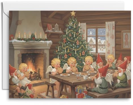 Vier klassische Weihnachts-Klappkarten mit Einleger – Engel und Wichtel feiern Weihnachten am Tannenbaum – heimelige Stimmung