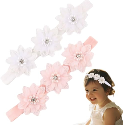 2 Pièces Bandeaux à Fleurs Pour Bébé Fille, Enfant Bandeau Élastique, Dentelle Pétales Fleur Bandeau, pour Baptême, Fête, Mariage, Photographie, Rose et Blanc