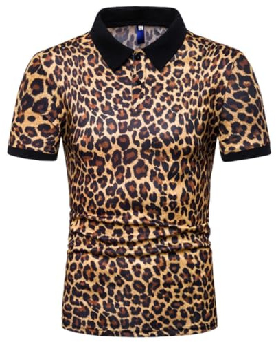 Herren Poloshirt mit Leopardenmuster, kurzärmeliges Casual-T-Shirt mit Leopardenmuster, knopfverschlossen normaler Stehkragen Golf- & Tennistop, klassisches schlankes Basic-Poloshirt für den Sommer
