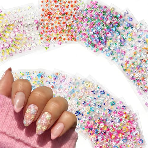 JRYXDS 3D Nagelsticker 30 Blatt Nagelsticker Selbstklebend Blumen Blumenherzform Nageldesign Nail Sticker Nageldesign Zubehör Nagelaufkleber für DIY Dekorationen, Maniküre, Handyhüllen