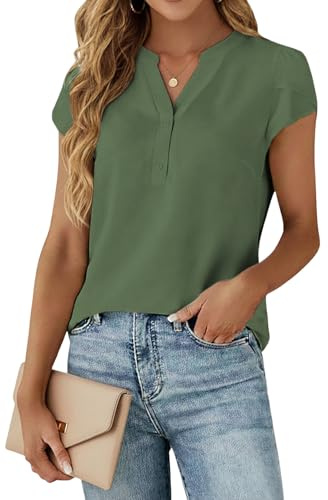 Cuptacc Camicia da donna con scollo a V Camicetta da donna chic ed elegante a maniche corte in chiffon camicetta top estivo, Verde militare, XXXL