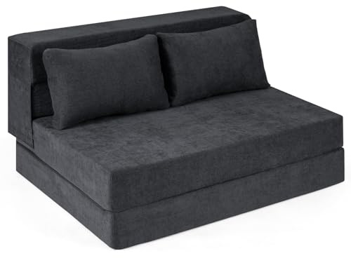 COSTWAY 3 en 1 Sofá Cama Plegable, Sillón Convertible en Colchón con 2 Almohadas, Tejido de Chenilla, Relleno de Esponja, Puff Cama Plegable para Suelo, Dormitorio, Oficina (213x103x14 cm,Gris)