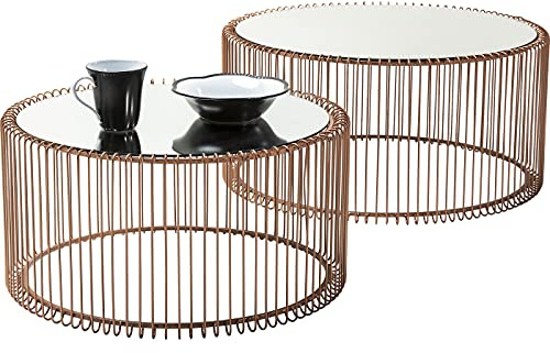 Kare Design Couchtisch Wire, Kupfer, 2er Set, rund, verpiegelte Tischplatte, Moderner Glastisch, Großer Beistelltisch, Kaffeetisch, Nachttisch, 60/70cm Durchmesser