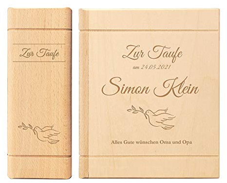Casa Vivente Spardose mit Gravur zur Taufe, Motiv Friedenstaube, Personalisiert mit Name und Datum, Sparbüchse aus Holz in Buch-Optik, Taufgeschenk