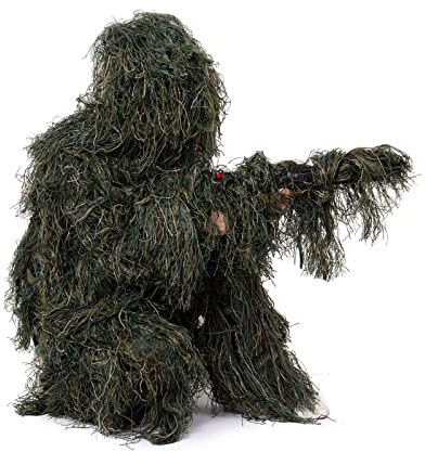 NINAT Ghillie kostym, 3D-kamouflage jaktkläder, 5-i-1 Ghillie kostym för män, djungel jakt kamouflagekläder 4-delar + bärväska för vuxna/ungdomar (skogs- vuxen)