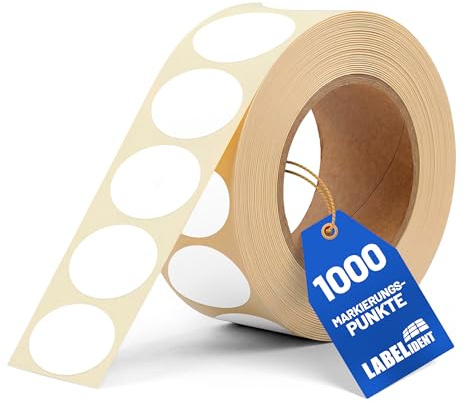Labelident Markierungspunkte, Klebepunkte weiß - Ø 30 mm - 1.000 bunte Papieraufkleber auf 1 Rollen, Inventuretiketten selbstklebend
