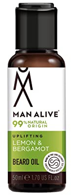 Man Alive 99 % natürliches Hautpflege-Bartöl – Haferflocken- und Nussöl-Mischung, macht das Gesichtshaar weich, 50 ml (Zitrone und Bergamotte) für Männer