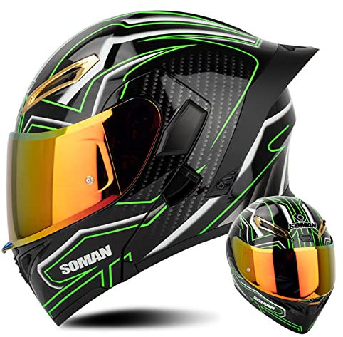 Motorradhelme für Erwachsene modularer Helm, Straßenmotorrad, DOT-zertifizierter Integralhelm für Roller, Moped, Motorradhelm mit klarem/REVO/dunklem Visier – glänzend schwarz grün A,XXL