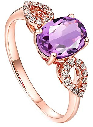Lieson Verlobung Ringe Frauen, Damen 18K Rotgold Ring Partnerring Tropfen mit Oval Amethyst 1.34ct Hochzeit Ringe Eheringe mit Diamant Gr.52 (16.6)