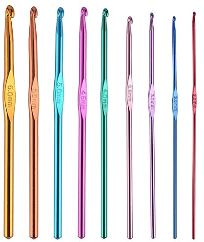 9 x Agujas de ganchillos Aluminio para Tejer Manualidades, 2.0 mm / 2.5 mm / 3.0 mm / 3.5 mm / 4.0 mm / 4.5 mm. / 5.0 mm / 5.5 mm / 6.0 mm