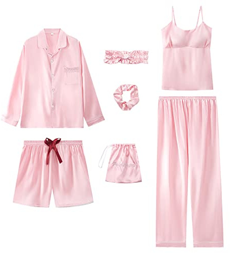 Jamron Damen 7PCS Satin Pyjama Set Frühling Sommer Herbst Tops & Kurze Hose Nachtwäsche