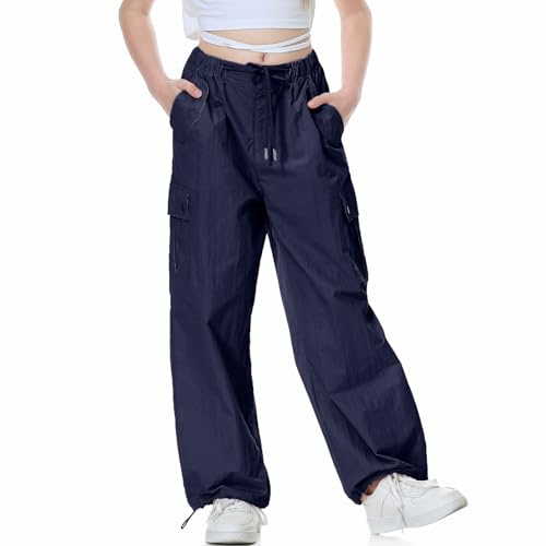 Rolanko Ragazze Pantaloni Larghi da Paracadutista, Joggers Vintage Y2K con Elastico in Vita Regolabile per Bambini, Blu Scuro, Taglia: 140