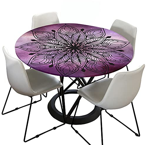 Morbuy Rund Tischdecke Elastisch, Lotuseffekt Tischdecke Abwaschbar Tischdecken Mandala Drucken Gartentischdecke Indoor Outdoor Tischtuch (Durchmesser 130cm,Lila)