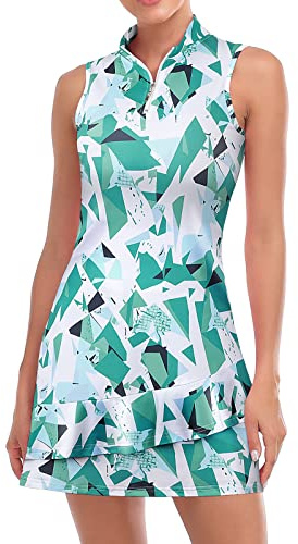 Viracy Tennis Dress for Women Sleeveless Golf Dresses with Shorts and Pockets Ruffle Zip Up Stand Collar Golf Outfits, Green Geometry, L