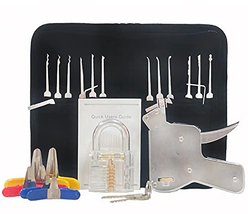 YQLEISHI 27 Piece Lock Picking Set with Zipper Bag, Lock Pick Gun and 6 Piece Padlock Shim,Transparent Training Locks,Extractor Tool for Beginner and Locksmith Training(Black)