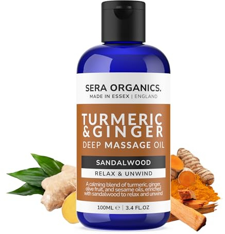 Turmeric Massage Oil with Ginger & Sandalwood – Deep Tissue Muscle & Joint Relief, Lymphatic Drainage, Anti-Inflammatory Therapy | Warming & Relaxing Essential Oils | UK Made by Sera Organics (100ml)