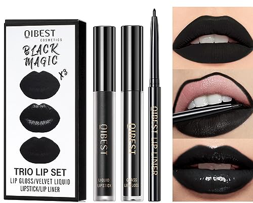 KARLOR 3-teiliges Set: Matte Schwarz Lippenstift, Lipgloss & Lipliner - 24 Stunden Halt & Wasserdicht