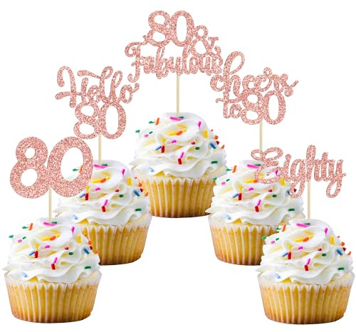 30Pcs Happy 80th Birthday Cupcake Toppers Eighty Cheers to 80 Years Old Birthday Cupcake Picks for Happy 80th Birthday Anniversary Party Cake Decorations Rose Gold Glitter