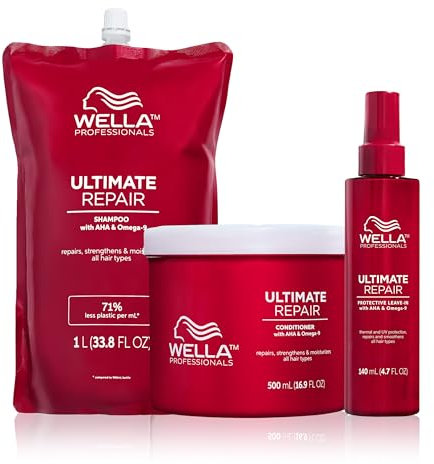 Wella Professionals Ultimate Repair Vorteils-Set – Repair Shampoo, stärkende Spülung & Leave-in Balsam mit Hitzeschutz – 1 L Feuchtigkeitsshampoo Refill, 500 ml Conditioner, 140 ml Leave-in
