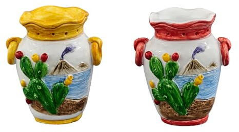 Doni Bomboniere Matrimonio 12PZ Anfora Assortita in Due Modelli Segnaposto Cactus Simboli Sicilia Vulcano Nozze Feste A Tema con Bordo E Manici Gialli O Rossi Raffigurazione di Un Cacrus Sfondo Marec