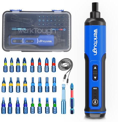Werktough 4v Mini Electric Cordless Screwdriver with 3-Gear Torque, 5Nm Power, 25pc Screwdriver Bits S2, LED Light USB Charging, Home Improvement