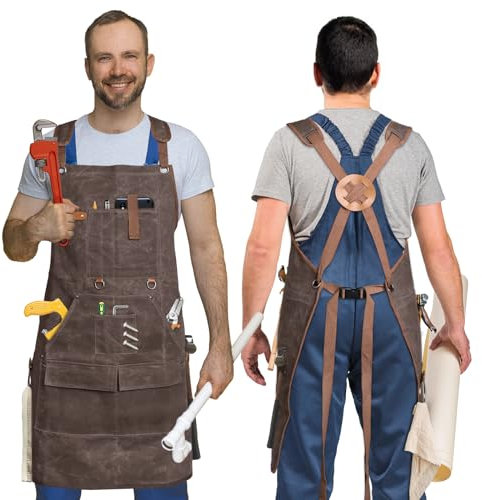 PROESVESMY Wachstuch Werkstatt Schürze Herren - 22oz Schwere Arbeitschürze Verstellbar Für Schweißer, Tischler | 9 Taschen, Kreuzgurten | Öl- & Schmutzabweisend (Braun)