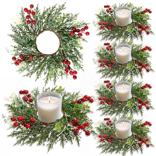 SOMYTING 8pcs Christmas Candle Rings, 27cm Artificial Red Berries Snowy Pine Needles Garland Wreaths for Pillars Rustic Christmas Table Front Door Decoration