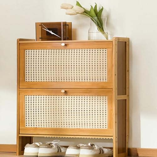 Freistehend Schuhschrank Aus Bambus, Rattantür-schuhschrank mit 2, 3 Türen, Schuhkipper Schmal, Rattan Schuhregal Schuhvitrine für Eingangsbereich, Lager, Schlafzimmer, Wohnzimmer und Flur(50x17x87cm)