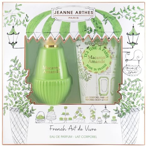 JEANNE ARTHES - Coffret Cadeau pour Femme - French Way Of Life - Macaron Amande - Parfum 100 ml + Lait Corps 150 ml - Parfum Fleur d'Oranger Vanille - Fabriqué et conditionné en France à Grasse
