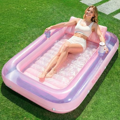 SLOOSH Aufblasbare Tanning Pool, 70 x 46 Große aufblasbarer Luftmatratze für Erwachsene mit Kissen, 4-in-1-Sonnenliege, aufblasbares Badebett, aufblasbares Bällebad-Partygeschenk, L-Lila rosa