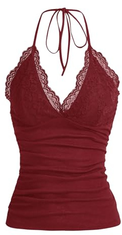 GORGLITTER Top da donna Y2k Camisole Crop Top con allacciatura al collo, top con pizzo a contrasto, bordeaux, XS