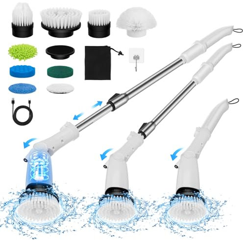 Electric Spin Scrubber, Maypott Upgrade Cordless Scrubber Cleaning Brush for Bathroom with 10 Replaceable Cleaning Brush Heads, 3 Rotating Speeds, 4 Adjustable Angles, LED Display and Lighting Light