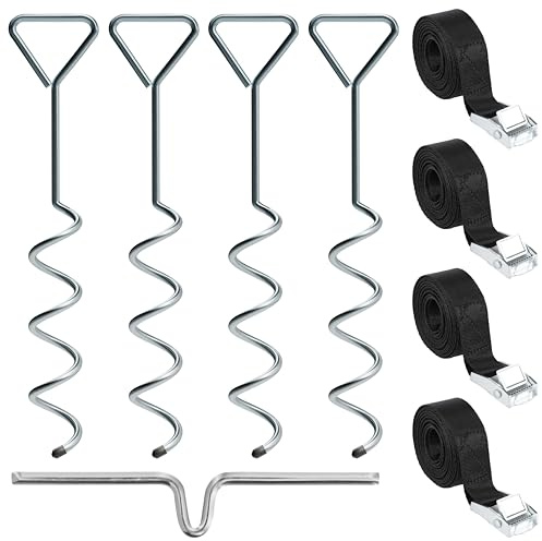 NewHabitat 4X Erdanker Bodenanker Stahl 38cm Silber – für Trampolin & Zelt | Erdanker Set inkl. Spanngurte für Trampolin, Pavillon, Zelt, Schaukel & Sonnensegel, 9-teilig, extra stabil & wetterfest