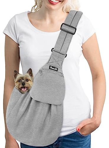 SlowTon Hundetragetasche, Haustier Hundetasche mit verstellbarem, gepolstertem Schultergurt und Fronttasche Tragetasche Hund für Spaziergang (Grau-Pullover Stoff, M(Für Haustiere2,7-5,4 kg))