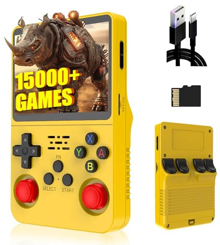 QISHENKOLA R36S Retro Handheld Game Console,Support 21 Emulator,3500mAh Battery,Linux System,3.5 inch IPS Screen Portable Mini emulator handheld,Cortex-A35,plug and play (Yellow-64G)