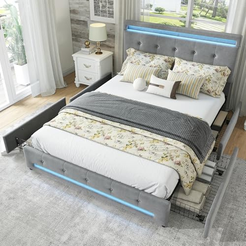 Laxnb Double Bed 4ft6 Upholstered Bed Frame 135x190cm with 4 Storage Drawers, Bed with Headboard and Light strips, Storage Bed Frame with Slats, Velvet Grey, No Mattress